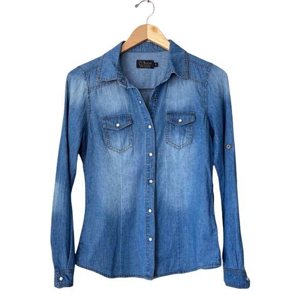 Ci Sono Womens Blue Dark Wash Long Sleeve Collared  Denim Button Up Shirt Size S - Picture 1 of 12